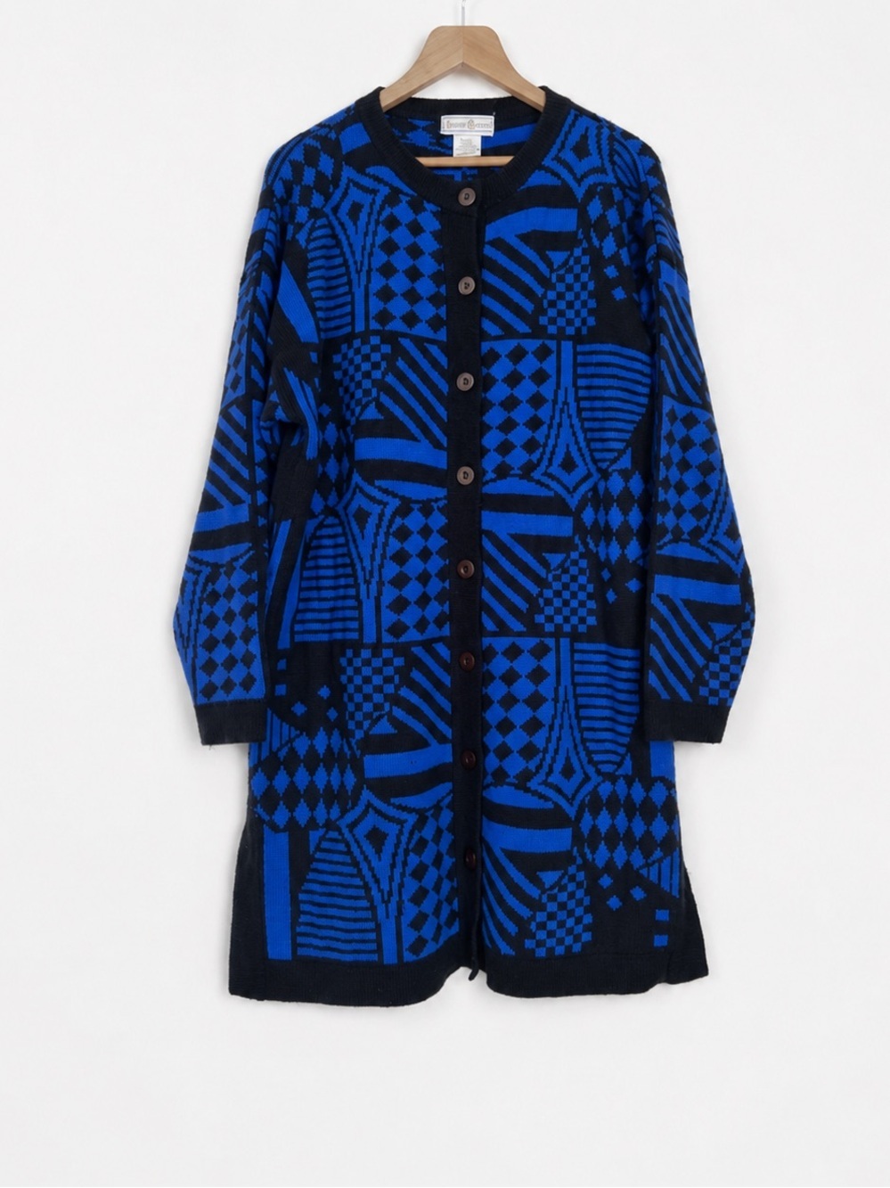 Vintage 80s Geometric Wool Coatigan Sweater Dress L